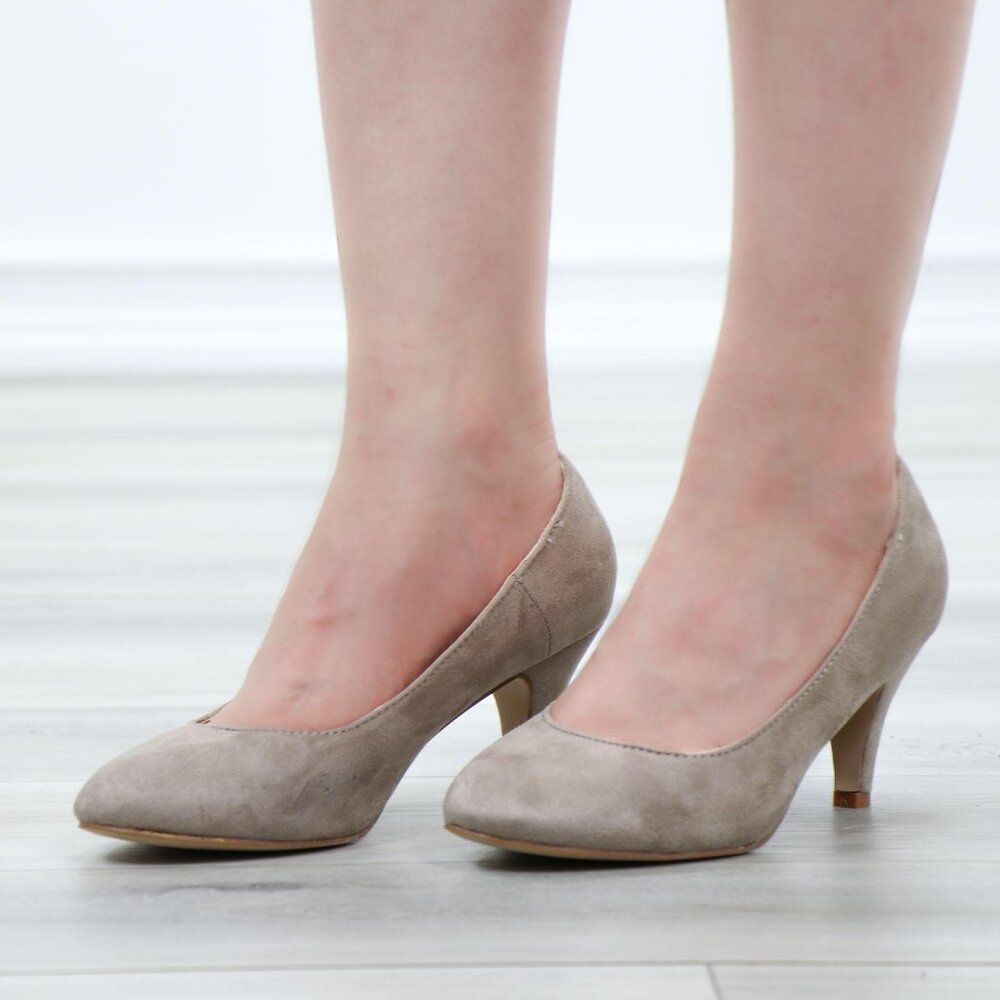 Taupe Faux Suede Pumps Rounded Toe Slip-On Kitten Low Heels